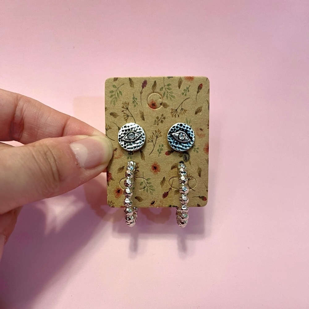 Silver Eye Stud and Hoop Set of Earrings